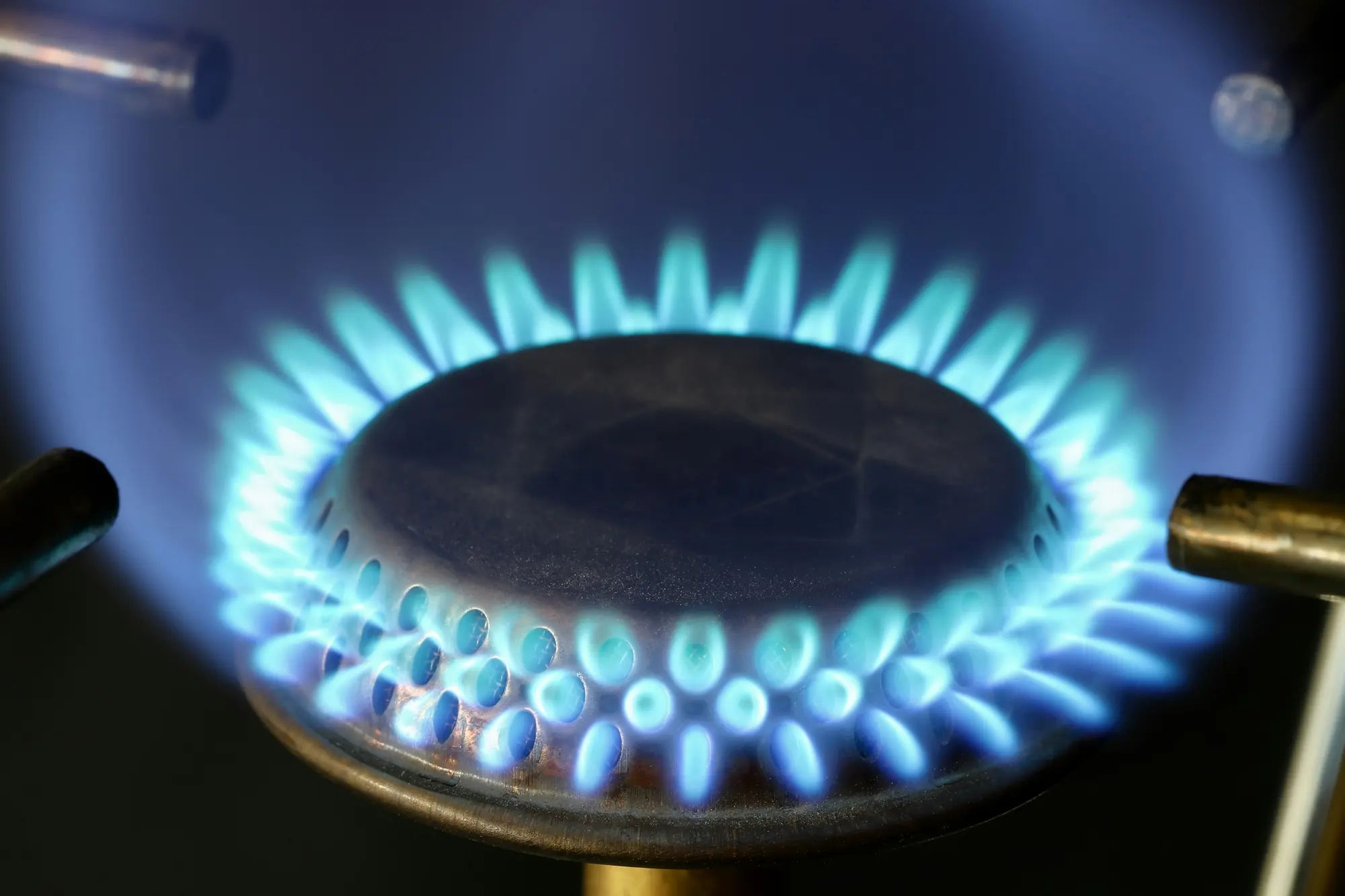 The blue flame of a gas hob burner